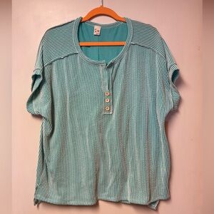 Striped Teal Button-Up Women's Top